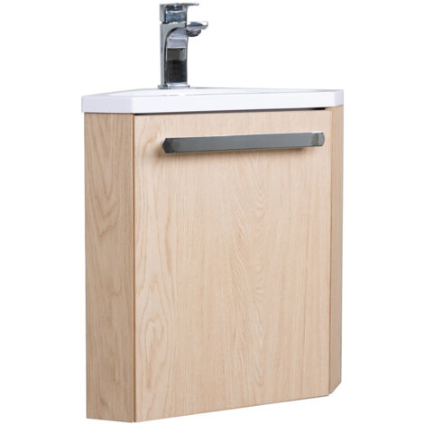 Meuble lave-mains SKINO décor chêne avec vasque blanche + robinet chromé