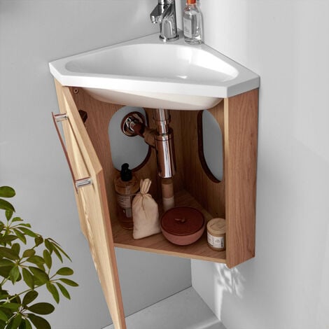 Meuble lave-mains SKINO décor chêne avec vasque blanche + robinet chromé