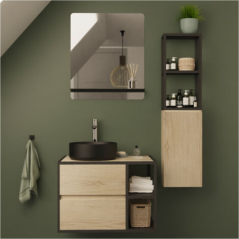 Mob-In – Ensemble meuble de salle de bain 70 cm – Vasque céramique DIEGO – Miroir SORRENTO avec tablette – Colonne WILL modulable en métal (1/5)