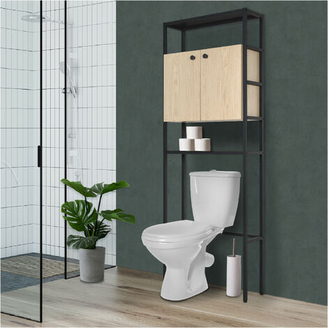 Meuble WC industriel 4 étagères bois et métal noir - DETROIT