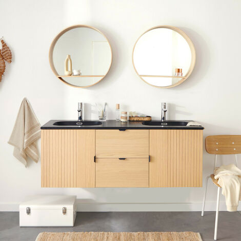 Meuble double vasque 140cm chêne STUDIO suspendu + miroir rond (1/5)