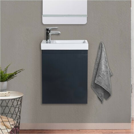 Meuble lave-mains pour wc noir avec vasque contemporaine en solid stone et  mitigeur