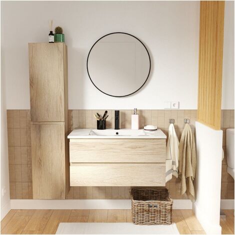 Mob-In – Ensemble meuble lave-mains simple vasque 80cm – Colonne 140cm avec 2 portes décor chêne – Miroir rond 60cm – Robinet mitigeur noir mat