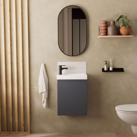 Mob-In – Ensemble meuble lave-mains suspendu gris anthracite – Vasque céramique réversible – Miroir ovale 40x70cm – Dimensions 41x54x22cm