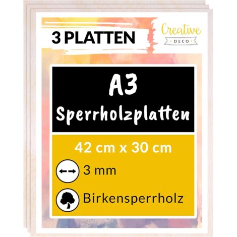 Creative Deco 3 x A3 Sperrholzplatte 3mm 420 x 300 (+/- 2) mm Holz Kunsttafeln Leinwand zum Bemalen Birkensperrholz Dünne holz-Zuschnitte