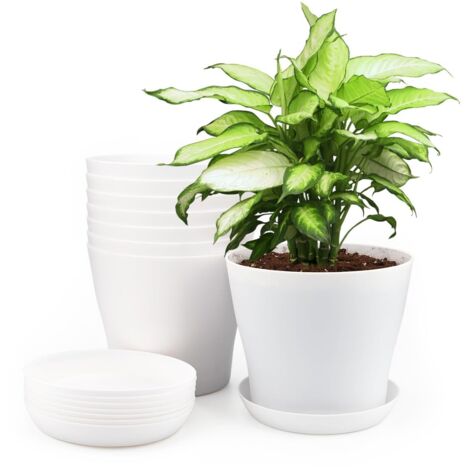 14cm Plastic Plant Pots, Indoor Outdoor Planter, Flower Pot with Trays, Suitable for Seedlings, Cactus, Succulents, Orchids, Herbs - White (1/5)