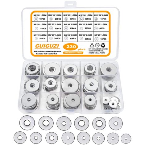Flat Washers, 230pcs 304 Stainless Steel Large Metal Washers, 15 Sizes M3 M4 M5 M6 M8 M10 M12 for Home Decoration, Factories, Kitchens, Shops and Outdoor Construction (1/5)