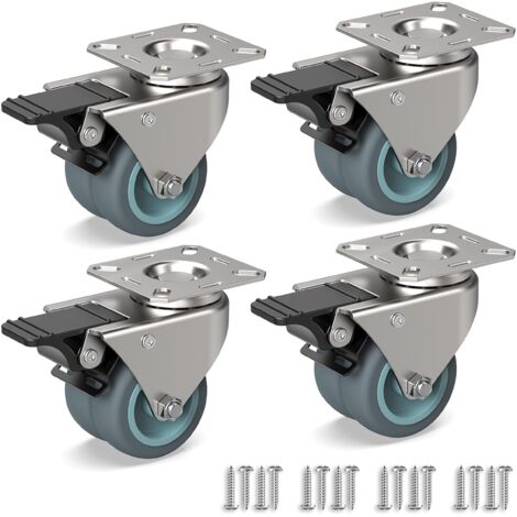 4 x Furniture Swivel Casters, Heavy Duty Double Wheels with Brake + Screws - 50mm up to 160kg - Rubber Trolley Wheel (1/5)