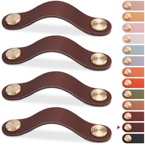 4 Pcs Leather Furniture Handles, Cabinet Door Knobs, Leather Drawer Knobs, Vintage Furniture Handles for Cabinets, Dressers, Kitchen, Bathroom (Dark Brown, 96mm) (1/5)