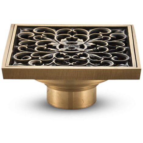 Brass Bathroom Floor Drain - Unique Antique Square Shower Drain with Carved Flower for Garden Toilet 10 10cm (1/5)