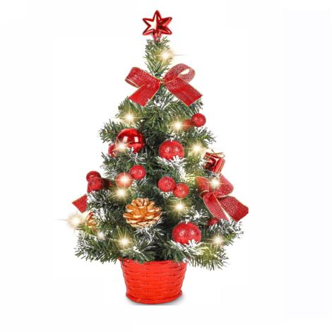 Mini Artificial Christmas Tree, Small Christmas Tree with LED Lights, Mini Decorative Tabletop Tree for Office, Bar, 40cm (Red)