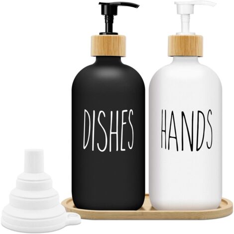 Matte Black and White Soap Dispenser Set, 500ml Glass Soap Dispenser with Tray, Dishwashing Liquid Dispenser, Kitchen and Shower Soap Dispenser (Black + White) (1/5)