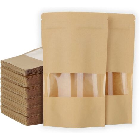 200 Pack Kraft Paper Food Bags with Window, Reusable Kraft Paper Bags with Ziplock 16x22cm, Small Waterproof Kraft Paper Bags for Food, Nuts and Groceries (1/5)