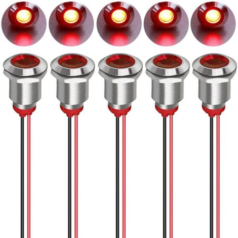 12mm 12/24VDC LED Metal Indicator Light Waterproof Signal Warning Light Directional Lamp Dashboard with Wire (Red) (1/5)