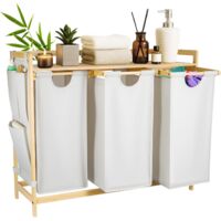 KingSaid Panier à Linge 3 Compartiments 135L en Bambou, Corbeille à Linge avec Étagère et Poches Latérales, Sacs Amovibles Lavables pour Rangement Buanderie (blanc)