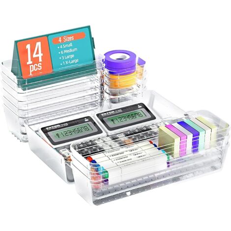 Trintion 14 Pcs Clear Drawer Organiser, Makeup Organiser Tray for Drawers, Desk Drawer Dividers, Desk Versatile, Plastic for Bathroom, Office, Cosmetic and Kitchen- Cutlery Set Divider In 4 Sizes (1/5)