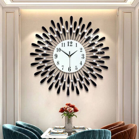 Youyijia 60cm Diamond Jeweled Wall Clock Stylish Diamond Sunflower Silent Non-ticking Modern Metal Round Sparkly Arabic Numeral Decorative Large Wall Clocks for Bedroom Kitchen Home Decor Black
