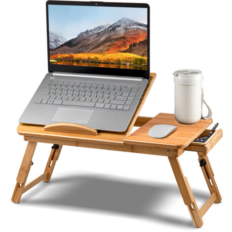 Holdfiturn Bamboo Laptop Bed Table Adjustable Laptop Table Laptop Desk Tray Table Foldable Breakfast Tray with Drawer