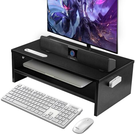 Trintion Wood Monitor Stand Riser with Smartphone Holder, Ergonomic Laptop Desk Printer Stand with Cable Management for Computer, Notebook, iMac, PC, 1 Tier Black (1/5)