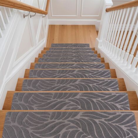 Youyijia 15PCS Anti-Slip Stair Tread Pads - 65x20cm Carpet Stair Treads Mats Self Reused Step Protectors Cover Mat for Kids Elders Pets Stair Carpet Tiles Black (Gery)