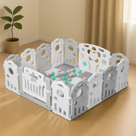 JF HOME BLISS Foldable Baby Playpen for Baby and Toddlers with Play Mats & Activity Toys 14-Panel Large Plastic Play Pen, Indoor Outdoor Safety Centre, Grey & White (Large (1.55 1.55m))