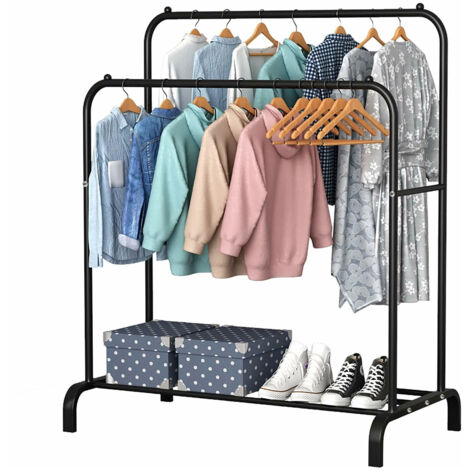 Holdfiturn Clothes Rail Metal Double Pole Clothing Rail for Bedroom 144  110  55cm Hanging Rails Heavy Duty Clothes Rack Coat Rack with Hooks and Shoe Storage Shelf Black