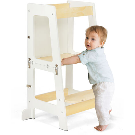 Youyijia 3-in-1 Toddler Learning Tower Kids Step Stool & Mini Desk with Safety Rail, Toddler Steps Stool with Black & Whiteboard for Kitchen Counter, Mothers' Helper (White)