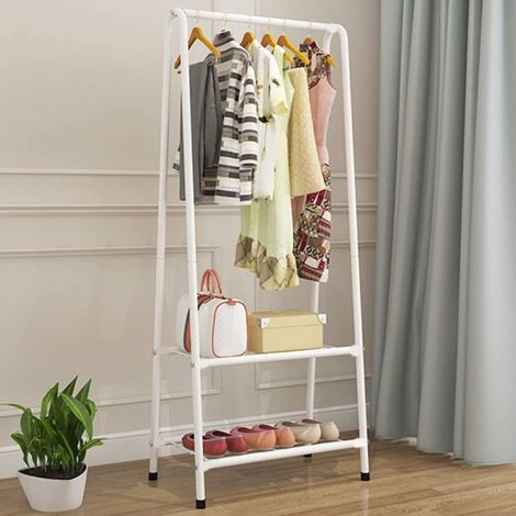 M.J COMFY-LIFE Small Clothes Rack Metal Clothes Rail for Bedroom Garment Rack with 2-Tier Storage Shelves Space-Saving Storage Organizer Hanging Display Stand for Clothes Hats Shoes Bags (White) (1/5)