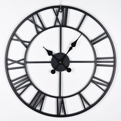 Shoze Vintage Large Black Wall Clock - 60CM Round Silent Skeleton Roman Numerals Battery Hanging Clock for Living Room, Bedroom, Kitchen, Hotel, Office