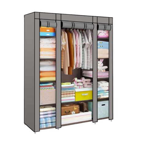 Trintion Fabric Canvas Wardrobe Cloth Wardrobes For Bedroom Clothes Storage Organiser with Hanging Rail Storage Cupboard Unit for Bedroom Living Room,Bedroom Storage, (Gray)