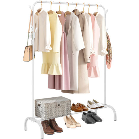 Holdfiturn Heavy Duty Clothes Rails Clothing Rail for Bedroom 147.5x110x40.3cm Clothing Coat Rack with Storage Rack Hanging Rail for Clothes Hanger Balcony Clothes Drying Rack for Home Office(White)