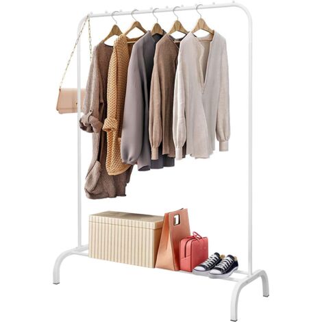 Holdfiturn Heavy Duty Metal Clothes Rack Black Hanging Rail for Skirts Shirts Coats Freestanding Clothes Rails for Bedroom Garment Stand Drying Rack with Storage Shelf (White)