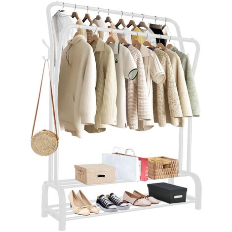 Holdfiturn Clothes Rail Metal Clothing Rail for Bedroom 146x36.5x109cm Hanging Rails Heavy Duty Clothes Drying Rack Coat Rack with Hooks and Shoe Storage Shelf White (1/5)
