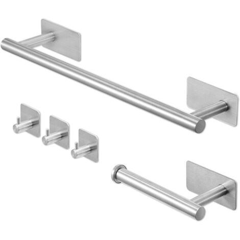 Youyijia 5pcs Towel and Toilet Roll Holder Set Bathroom Accessories Set No Drilling, Self Adhesive Toilet Roll Holder, Towel Rail, Hook (Silver)