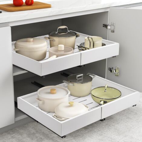 Trintion Pull Out Cabinet Organizer, Adjustable Expandable Slide Out Drawer, Roll-Out Sliding Drawer Organiser Shelf for Kitchen & Bathroom Storage,Easy Installation with Adhesive Film (White)