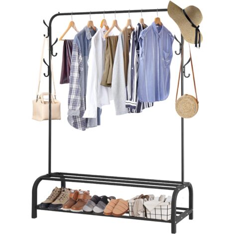 Youyijia Clothes Rail Heavy Duty Clothing Rail for Bedroom Metal Garment Rack 110x33x150cm Clothing Rack with 2 Tier Shoe Storage Shelf and 6 Side Hooks Coat Rack Hanging Rail for Clothes Black