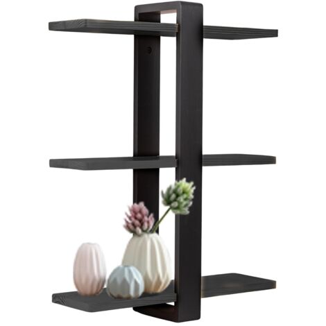 Floating Shelves Black  3 Tier Wall Mounted Shelf Unit 50cm, Solid Pine Wood Shelves for Bedroom, Living Room, Bathroom Office Rustic Wall Storage for Plants Photos Decor (All Black, Set of 1) (1/5)