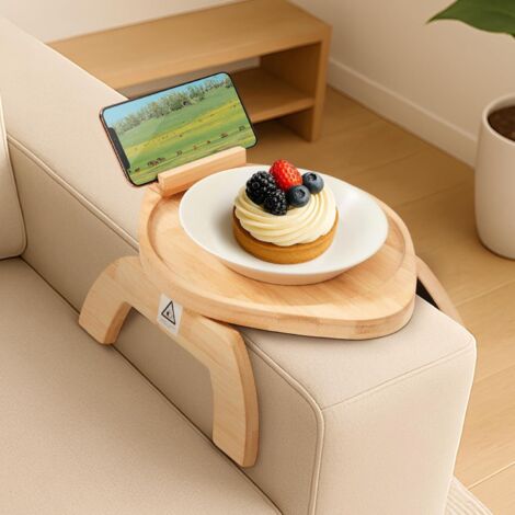 Trintion Bamboo Sofa Arm Tray with 360° Rotating Phone Holder, Foldable & Adjustable Armrest Tray Table for Couches, Clip-On Couch Cup Holder for Eating, Drinking, and Reading (Wood) (1/5)