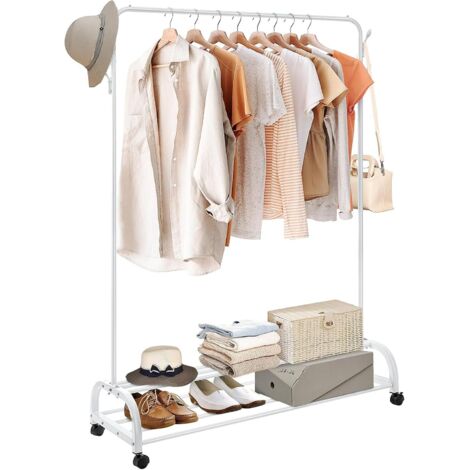 YORKING Clothes Rail, Heavy Duty Clothes Rail for Bedroom, Garment Hanging Rail with Wheels, 2-Tier Bottom Shelf Freestanding White Clothes Shoe Storage Rack (White)