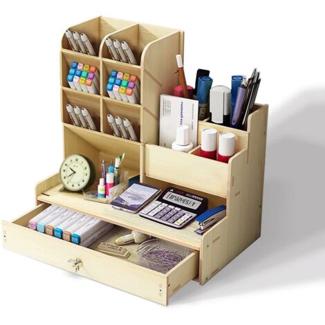 Holdfiturn Wooden Desktop Organizer Large Capacity Office Storage Box Multi Functional Stationery Storage with Drawer for Home Office and School (White Maple)