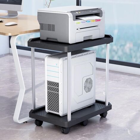 JF HOME BLISS PC Floor Stand with Wheels, 2-Tier Computer Tower Stand & Printer Stand with Brakes, Heavy Duty 50KG Mobile PC Cart for Desktop Tower, Monitor, Office Accessories, Black (1/5)