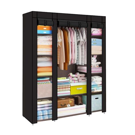 Trintion Fabric Canvas Wardrobe Cloth Wardrobes For Bedroom Clothes Storage Organiser With Hanging Rail Storage Cupboard Unit For Bedroom Living Room,Bedroom Storage, (Black) (1/5)