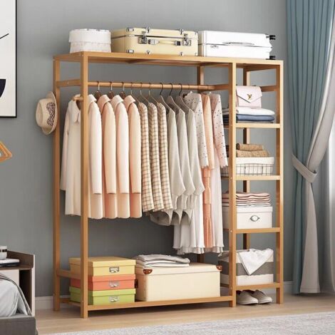 Youyijia Clothes Rail Garment Rack - Open Wardrobe Closet - 147x90x30cm - Coat Stands with 4-tier Storage Shelves Bamboo Clothing Hanging Tidy Rail for Bedroom Living Room