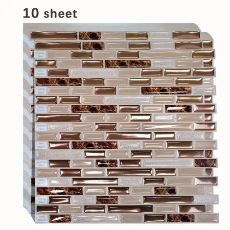 10pcs Golden Mosaic 3D Self-Adhesive Wall Tiles, Heat Resistant and Peelable Kitchen Backsplash Tiles, Waterproof Bathroom Wall Tile Stickers (10pcs 12x12 inch Golden Mosaic) (1/5)