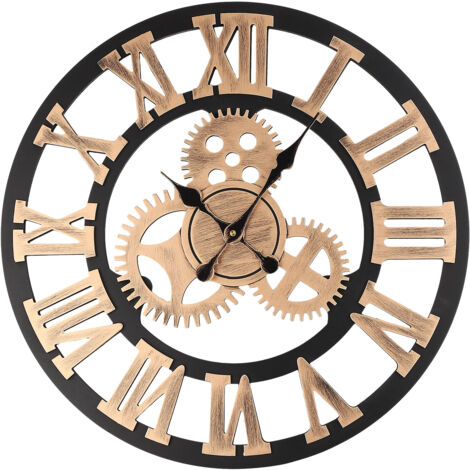 Youyijia Wall Clock Big Roman Numerals Hanging Clock 60cm/24 Inch Giant Open Face Indoor Wall Clock Wood 3D Gear Clock Vintage Industrial Wall Clock for Home Office Gold (1/5)