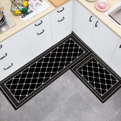 Youyijia 2-Piece Rug Set Non-Slip Kitchen Mat Rug Set Washable Kitchen Mats and Rugs Hallway Runner Set for Dining Room Entryway 59 40cm+39.5 119cm (Black and white rhombus)