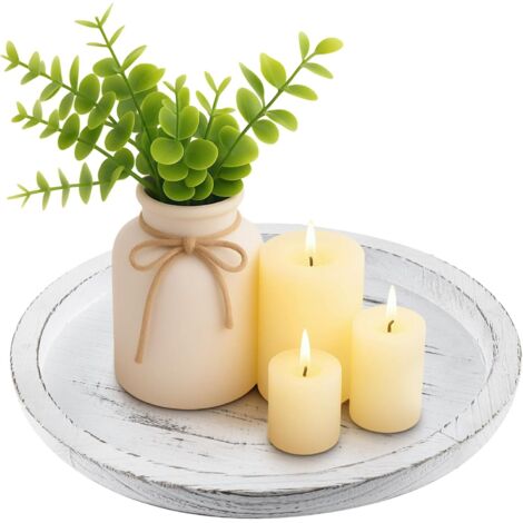 M.J COMFY-LIFE Wooden Candle Holder Tray Round Decorative Candle Plate Farmhouse Table White (1/5)