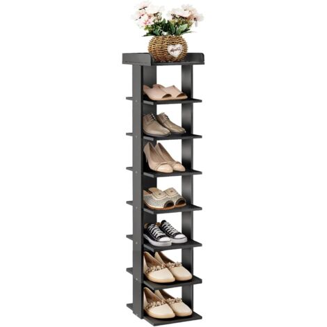 Youyijia Narrow Shoe Rack, 8-Tier Tall Shoe Rack Organiser, Slim Vertical Shoe Storage Cabinet Wooden Shelf Rack Shoe Tower Quick Assembly Free Standing Display Rack for Corner Entrance Black (1/5)