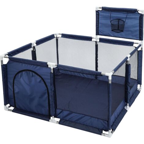 Supernic Baby Playpen Large Playpen Portable Child Safety Yard Activity Center with Basketball Hoop Toddler Fence with Breathable Mesh Extra Large Play Yard for Boys Girls Babies Four-Plate, Blue