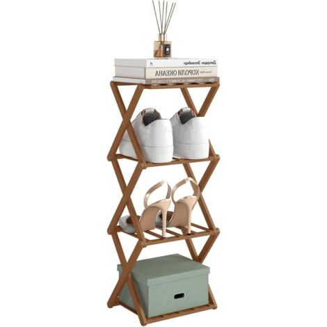 JF HOME BLISS Shoe Rack Foldable Bamboo Freestanding Shoe Organiser for Small Spaces Tall Stand No Assembly Slim Narrow Storage Shelf for Hallway Bedroom Entryway Corner Brown, 4 Tier - Narrow